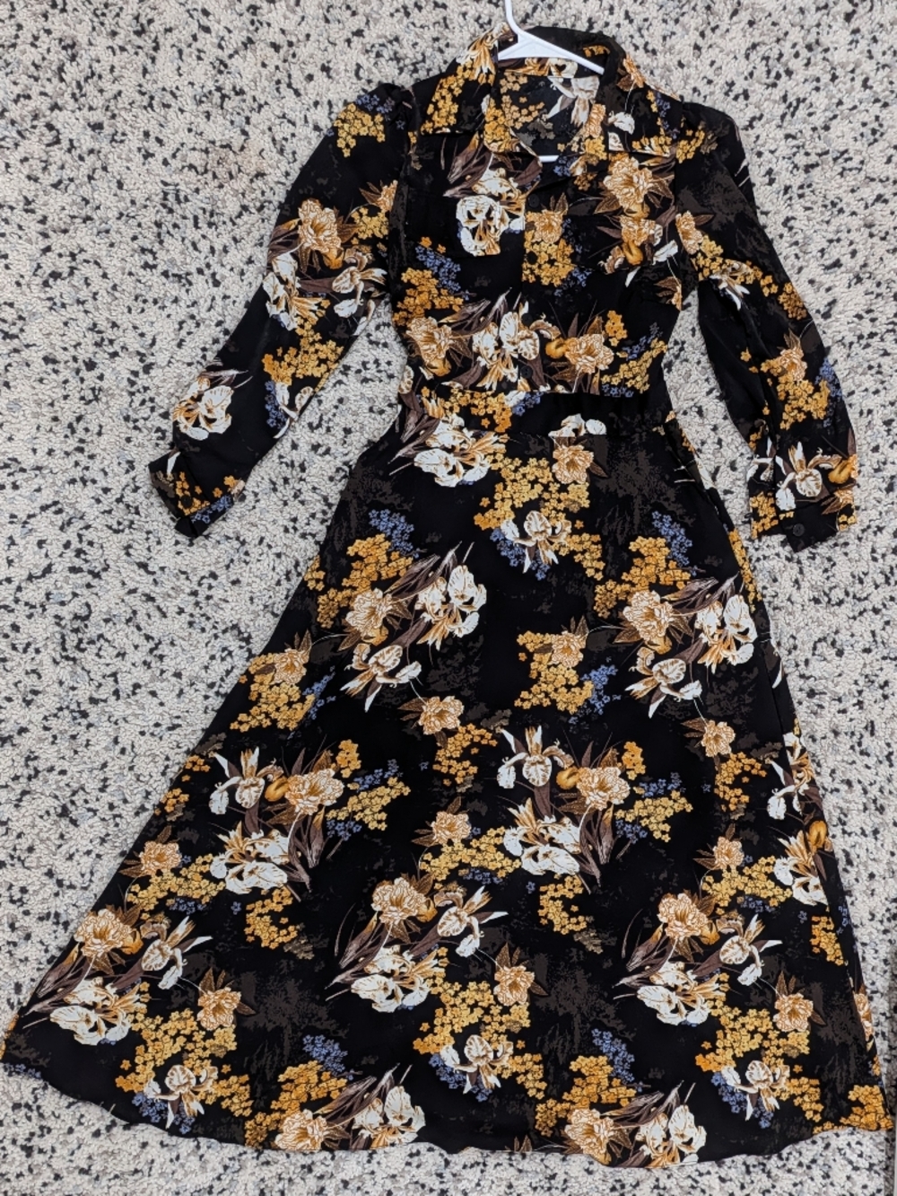 Black Floral Long-Sleeve Dress with Mustard‎ and White Blooms